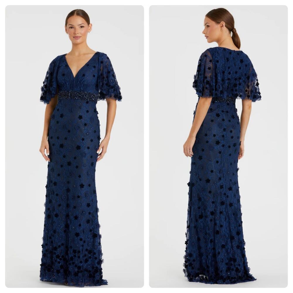 Mac Duggal 67712 Midnight Floral Appliqué Flutter Sleeve Lace Gown Size 10 NWT